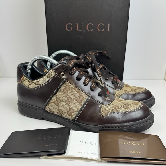 Gucci GG Lace-Up Low 'Monogram Brown Beige' 162961 Leather Sneaker Sz 8 G US 8.5 - Picture 1 of 10